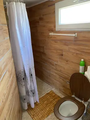 a bathroom with a toilet with a shower curtain at L ASCOSU in Ventiseri