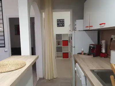 a kitchen with a counter top and a refrigerator at Villa les palmiers -Stretta di i mandarini in Lucciana