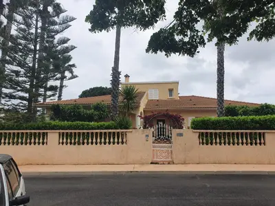 a house with a fence and palm trees at Villa les palmiers -Stretta di i mandarini in Lucciana