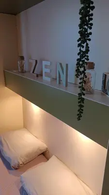 a room with a bed and a shelf with a plant at Le petit chalet de Charlène in San-Gavino-di-Carbini