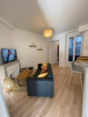 a living room with a black couch and a fireplace at F2 Glamour Centre ville historique in Ajaccio