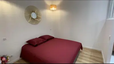 a bedroom with a red bed and a fan at Ajaccio T2 Standing Place du marché in Ajaccio