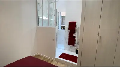 a white bathroom with a mirror and a red rug at Ajaccio T2 Standing Place du marché in Ajaccio