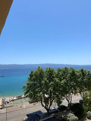 a view of a beach with trees and the ocean at Ajaccio magnifique T2 40m2 centre ville vue mer au bord de la plage neuf 5 personnes Clim wifi balcon parking privé fermé in Ajaccio