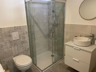 a bathroom with a shower and a toilet and a sink at Les jardins de Saint Pancrace in Corte