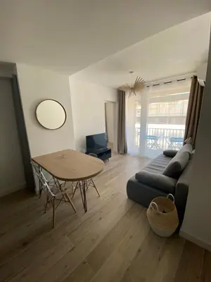 a living room with a couch and a table at Ajaccio magnifique T2 37m2 centre ville vue mer au bord de la plage Neuf 4 couchages balcon parking privé fermé Clim wifi in Ajaccio
