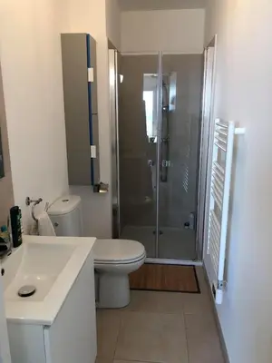 a bathroom with a shower and a toilet and a sink at Superbe studio front de mer - Pieds dans l’eau in Linguizzetta