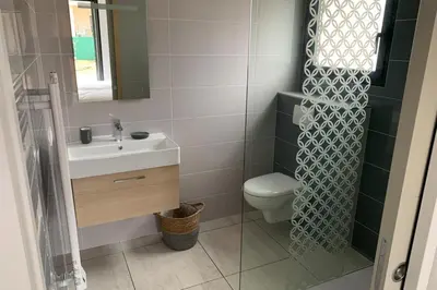 a bathroom with a toilet and a sink and a mirror at appart Libeccio swimming pool bbq in Calenzana