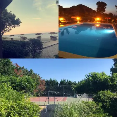 a collage of three pictures of a swimming pool at Joli T2 les pieds dans l’eau , piscine tennis.... in San-Nicolao