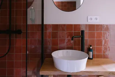 a bathroom with a white sink and a shower at L'Orangeraie d'Afa in Afa