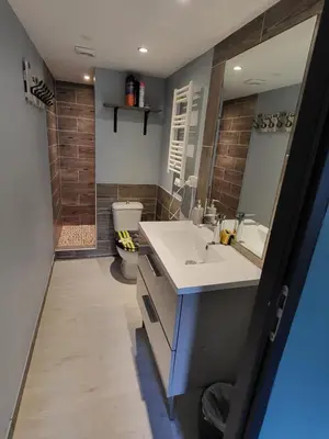 a bathroom with a sink and a shower at Maison avec piscine chauffée in Porto-Vecchio