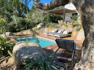 a swimming pool with a black chair next to a tree at Un petit paradis in Pinarellu