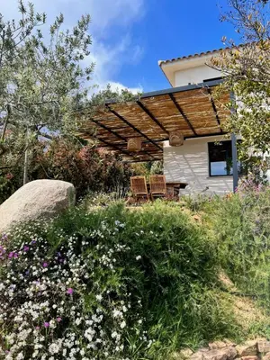 a house with a wooden pergola and some flowers at Un petit paradis in Pinarellu