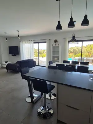 a large living room with a large table and chairs at Villa Marcaléone Corse du Sud in Cirendinu
