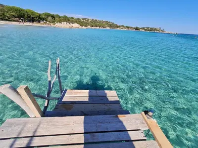a wooden dock in the water next to a beach at Villa Marcaléone Corse du Sud in Cirendinu