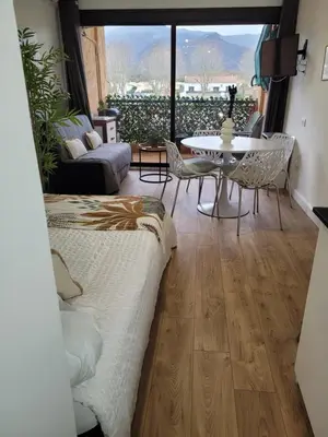 a living room with a bed and a table and chairs at Studio bord de mer - Plage - Piscine - Wifi in Santa-Lucia-di-Moriani