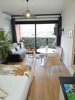 a living room with a table and a couch at Studio bord de mer - Plage - Piscine - Wifi in Santa-Lucia-di-Moriani