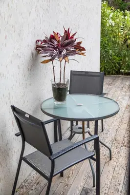 a glass table with two chairs and a potted plant at Mogador in Bonifacio