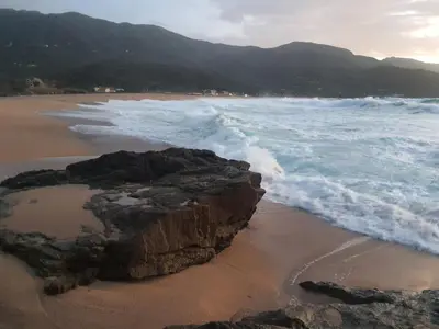 a beach with waves and a rock in the sand at Apartment Liscia sea view, restaurant and supermarket 50m in Calcatoggio
