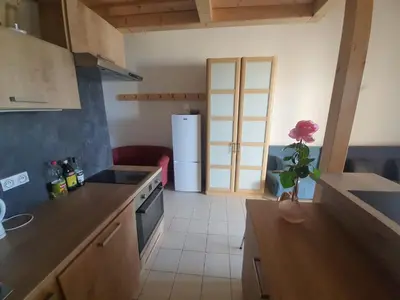 a kitchen with a refrigerator and a vase with a flower at Apartment Liscia sea view, restaurant and supermarket 50m in Calcatoggio