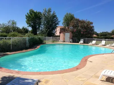 a large swimming pool with chairs in a yard at VARDIOLA/PORTO VECCHIO in Pinarellu