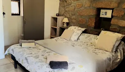 a bedroom with a bed and a stone wall at Chez Robert et Sylvie in Pianottoli-Caldarello