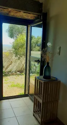 a vase with flowers on a table in front of a window at Chez Robert et Sylvie in Pianottoli-Caldarello