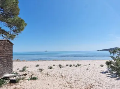 a sandy beach with a building and the ocean at Maison pinarello à 200 mètres de la plage in Zonza