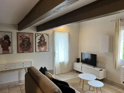 a living room with a couch and a tv at Appartements St. Pancrace in Corte