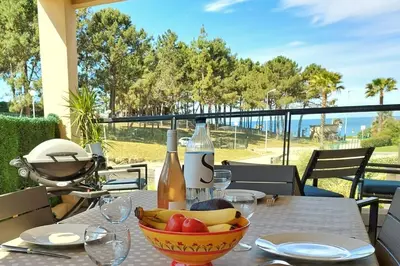 a table with a bowl of fruit and a bottle of wine at Stella - Agosta beach by foot Terrace - by TGB in Porticcio