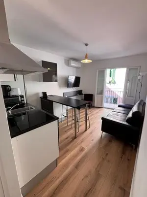 a kitchen and a living room with a table at Appartement T2 Vieux Port d'Ajaccio in Ajaccio