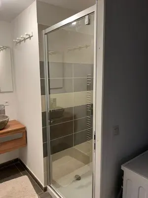 a glass shower in a bathroom with a sink at Villa Chez Géraldine Piscine chauffée, proche plage et rivière in Lecci