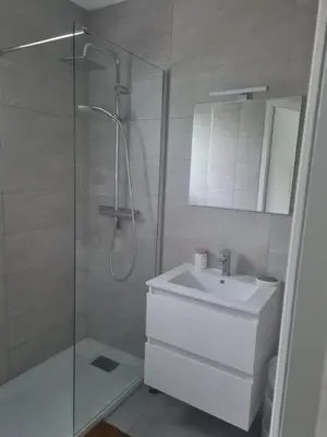 a white bathroom with a shower and a sink at Location 