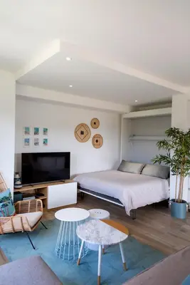 a living room with a bed and a tv at Domaine d'Arca - Hugo 09 - 6 pers - « Les Charmes » in Porto-Vecchio