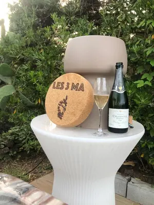 a bottle of wine and a ball and a wine glass at Casa Mathilde in Lecci
