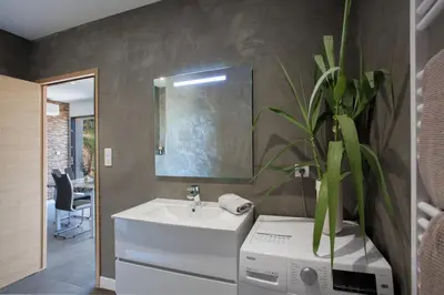 a bathroom with a sink and a mirror and a plant at Casa Dolce Vita in Borgo
