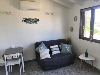a living room with a couch and a table at Porticcio très joli T2 climatisé & grande terrasse à 1km de la plage in Porticcio