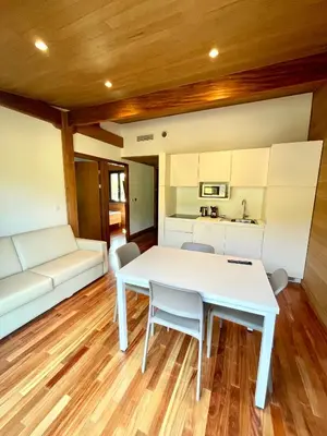 a kitchen with a stove and a sink and a microwave at Résidence Les Pavillons du Golfe in Favone