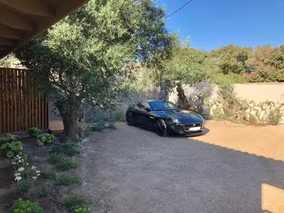 a black car parked in a driveway next to a tree at La Verda in Bonifacio