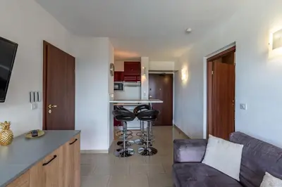 a living room with a couch and a kitchen at Le Balcon dAjaccio in Ajaccio