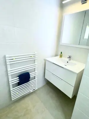 a white bathroom with a sink and a mirror at Campo Vecchio Dracena et Piscine in Ghisonaccia