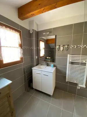 a bathroom with a white sink and a mirror at Les Canali in Santo-Pietro-di-Tenda
