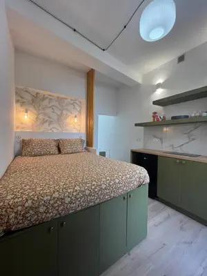 a bedroom with a large bed with green cabinets at studio d'architecte superieur - centre ville historique in Ajaccio