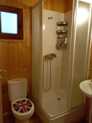 a bathroom with a shower and a toilet and a sink at Chalet de Santa in Corte