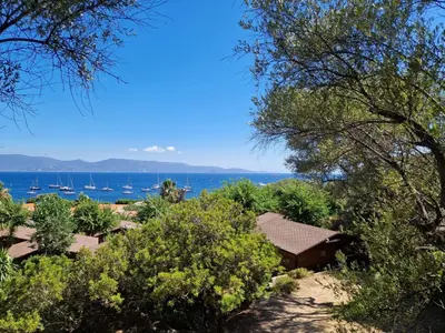 a view of the water and a house with trees at Mare E Monti in Porto Pollo