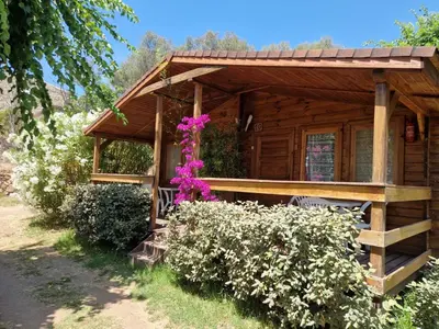 a wooden cabin with flowers in front of it at Mare E Monti in Porto Pollo
