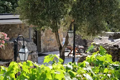 a garden with a tree and a table and a lamp at Hôtel Domaine A Flatta in Calenzana