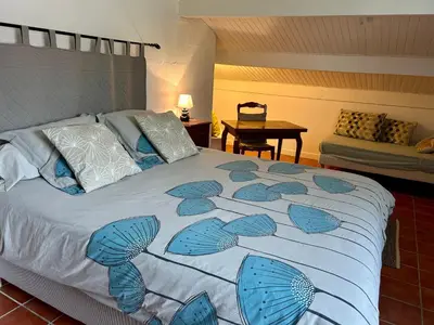 a bedroom with a bed with a blue pattern on it at Chambre d'hôtes Casa Tib in Prunelli-di-Fiumorbo