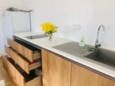 a kitchen with a sink and a vase of yellow flowers at Chambre d'hôtes Casa Tib in Prunelli-di-Fiumorbo