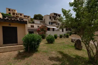 a yard with some bushes and some buildings at Le Paesolu in Grosseto-Prugna
